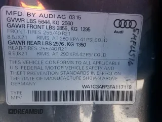 2015 Audi SQ5 Premium Plus with VIN WA1CGAFP3FA117118, listed as a Copart auction lot 72288122 with 60,532 mi miles. Bid and sale history available at carsss.com. Image 14.