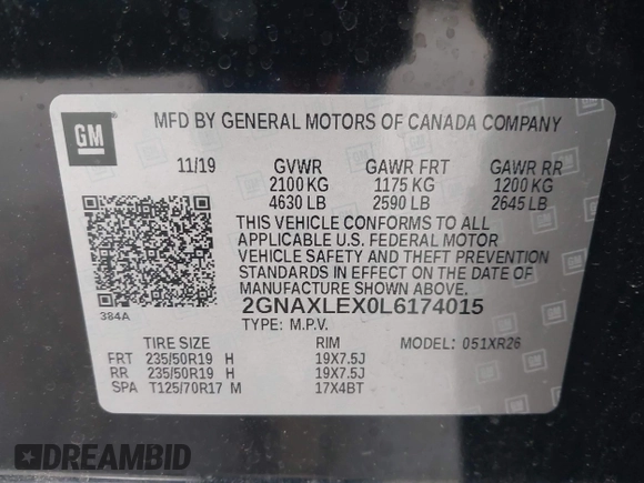2020 Chevrolet Equinox LT with VIN 2GNAXLEX0L6174015, listed as a IAAI auction lot 41900966 with 144,116 mi miles. Bid and sale history available at carsss.com. Image 9.