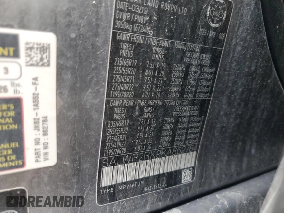2019 Land Rover Range Rover Sport HSE with VIN SALWR2RK9KA862784, listed as a Copart auction lot 53228535 with 76,282 mi miles and Salvage title. Bid and sale history available at DreamBid. Image 13.