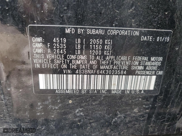 2019 Subaru Legacy Premium with VIN 4S3BNAF64K3023584, listed as a Copart auction lot 52633785 with 98,313 mi miles and Salvage Title. Bid and sale history available at carsss.com. Image 12.