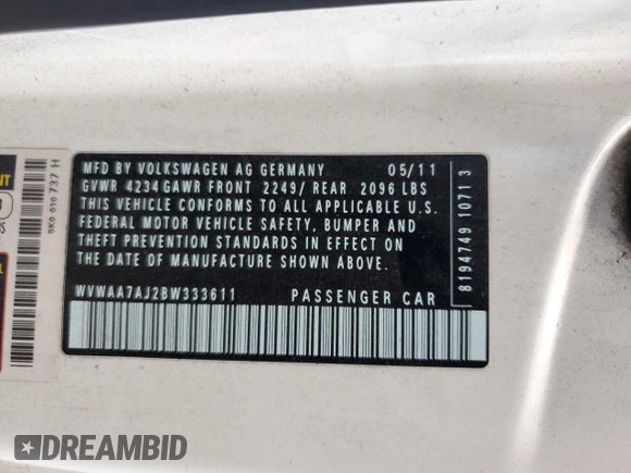 2011 Volkswagen Golf с VIN WVWAA7AJ2BW333611, выставлен на аукционе Copart как лот 59210245 с пробегом 143 929 миль миль и Списание • Salvage title. История ставок и продаж доступна на DreamBid. Изображение 13.