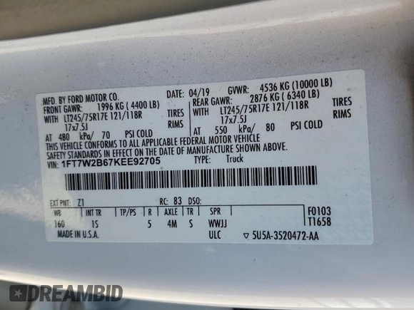 2019 Ford F-250 XL with VIN 1FT7W2B67KEE92705, listed as a Copart auction lot 63478455 with 70,378 mi miles and Clean title. Bid and sale history available at DreamBid. Image 12.
