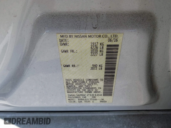 2016 Nissan Altima SR with VIN 1N4AL3AP0GC250104, listed as a IAAI auction lot 41856494 with 91,964 mi miles and . Bid and sale history available at carsss.com. Image 9.