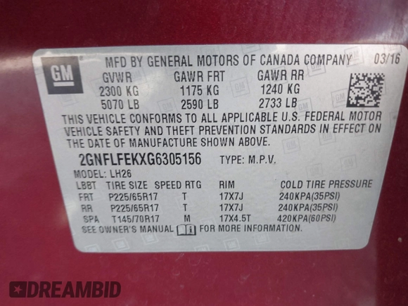 2016 Chevrolet Equinox LT with VIN 2GNFLFEKXG6305156, listed as a IAAI auction lot 42139332 with Not Provided miles and . Bid and sale history available at DreamBid. Image 9.