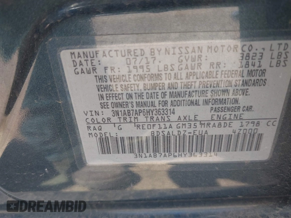 2017 Nissan Sentra SL with VIN 3N1AB7AP6HY363314, listed as a IAAI auction lot 42112138 with 61,780 mi miles and . Bid and sale history available at DreamBid. Image 9.