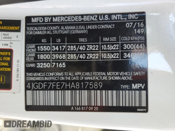 2017 Mercedes-Benz GLS 63 AMG with VIN 4JGDF7FE7HA817589, listed as a Copart auction lot 60406714 with 46,213 mi miles and Salvage Title. Bid and sale history available at DreamBid. Image 13.