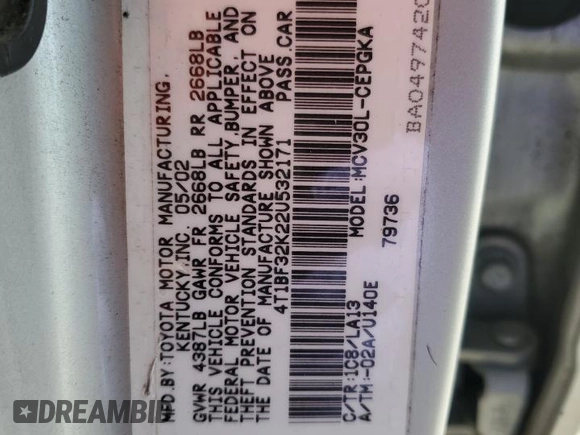 2002 Toyota Camry XLE z VIN 4T1BF32K22U532171, wystawiony jako Copart lot #54527965 z przebiegiem 165 637 mil mil oraz Szkoda całkowita • Salvage title. Historia ofert i sprzedaży dostępna na DreamBid. Obrazek 12.