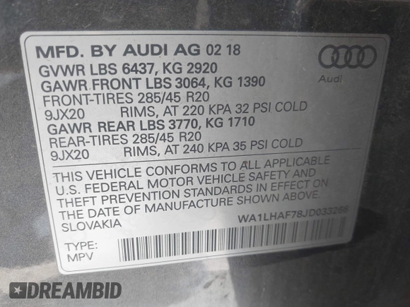 2018 Audi Q7 Premium Plus with VIN WA1LHAF78JD033266, listed as a IAAI auction lot 41749357 with 117,465 mi miles. Bid and sale history available at carsss.com. Image 9.
