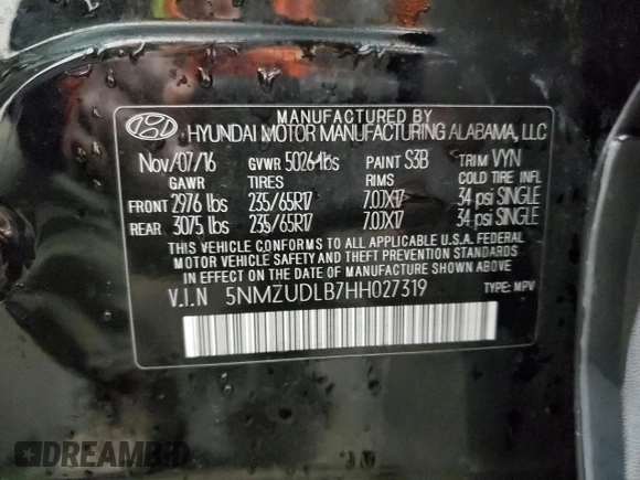 2017 Hyundai Santa Fe 2.4L z VIN 5NMZUDLB7HH027319, wystawiony jako Copart lot #58259575 z przebiegiem 114 812 mil mil oraz Szkoda całkowita • Salvage title. Historia ofert i sprzedaży dostępna na DreamBid. Obrazek 14.