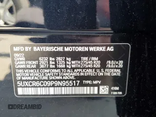 2023 BMW X5 xDrive40i with VIN 5UXCR6C09P9N95517, listed as a Copart auction lot 58315095 with Not provided miles and Salvage title. Bid and sale history available at DreamBid. Image 13.