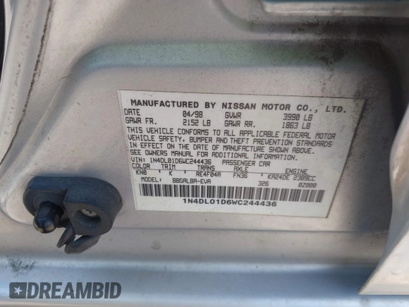 1998 Nissan Altima XE with VIN 1N4DL01D6WC244436, listed as a IAAI auction lot 42002866 with 173,633 mi miles and . Bid and sale history available at carsss.com. Image 9.