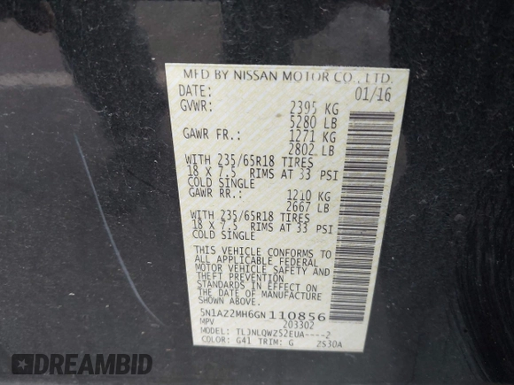 2016 Nissan Murano SL with VIN 5N1AZ2MH6GN110856, listed as a IAAI auction lot 42257177 with 99,596 mi miles and . Bid and sale history available at DreamBid. Image 9.