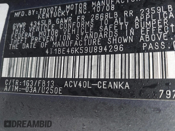 2009 Toyota Camry with VIN 4T1BE46K59U894296, listed as a IAAI auction lot 42202098 with 202,919 mi miles and . Bid and sale history available at DreamBid. Image 9.