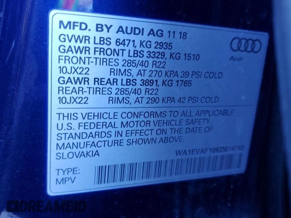 2019 Audi Q8 Premium Plus with VIN WA1EVAF10KD014743, listed as a Copart auction lot 45272965 with Not provided miles and Salvage title. Bid and sale history available at DreamBid. Image 14.