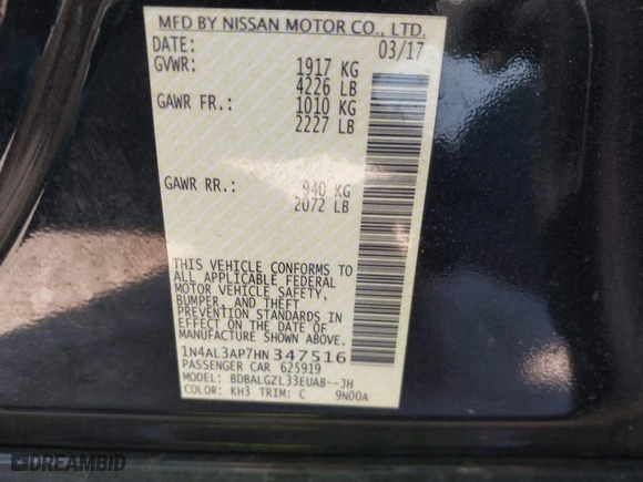 2017 Nissan Altima 2.5 S with VIN 1N4AL3AP7HN347516, listed as a IAAI auction lot 41764859 with 143419 miles. Bid and sale history available at carsss.com. Image 9.