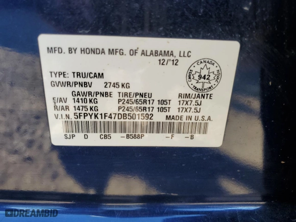 2013 Honda Ridgeline RTS with VIN 5FPYK1F47DB501592, listed as a Copart auction lot 63582403 with 436,565 mi miles and Salvage Title. Bid and sale history available at carsss.com. Image 13.