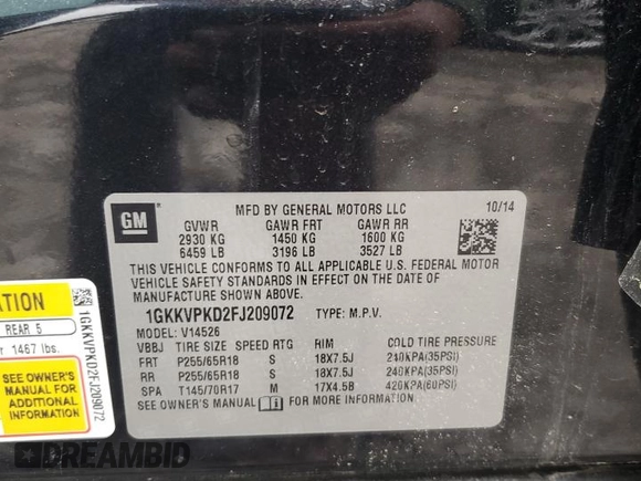 2015 GMC Acadia SLE z VIN 1GKKVPKD2FJ209072, wystawiony jako Copart lot #54485695 z przebiegiem 174 322 mil mil oraz Czysty tytuł • Clean title. Historia ofert i sprzedaży dostępna na DreamBid. Obrazek 13.
