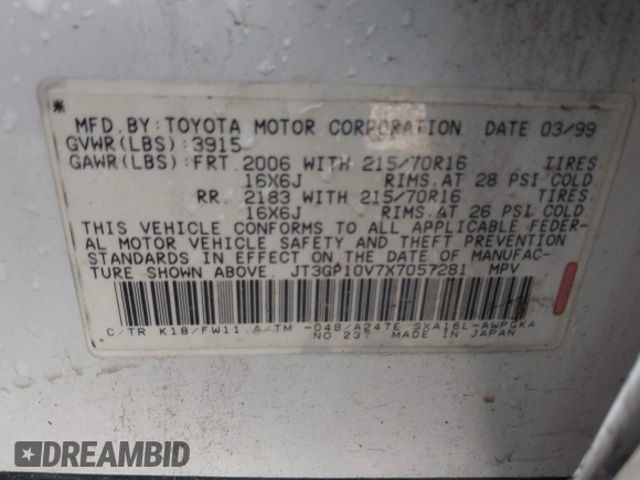 1999 Toyota RAV4 with VIN JT3GP10V7X7057281, listed as a IAAI auction lot 42110228 with 301,749 mi miles and . Bid and sale history available at DreamBid. Image 9.