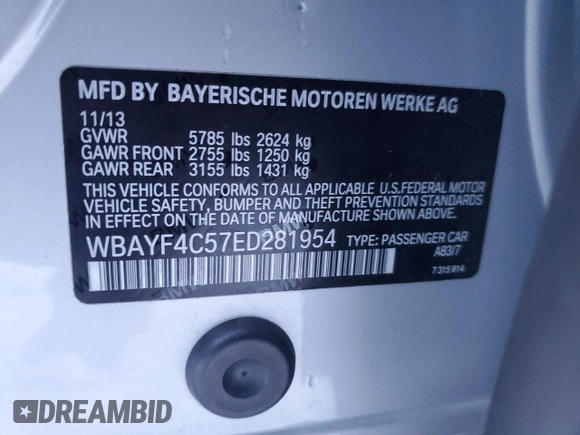 2014 BMW 7 Series 740Li xDrive with VIN WBAYF4C57ED281954, listed as a Copart auction lot 85297394 with 63,535 mi miles and Salvage Title. Bid and sale history available at carsss.com. Image 12.