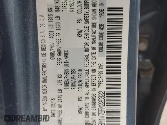 2015 Mazda 3 i Touring with VIN 3MZBM1V75FM226322, listed as a Copart auction lot 63765415 with 141,329 mi miles and Salvage title. Bid and sale history available at DreamBid. Image 12.