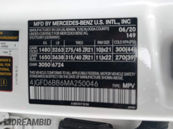 2021 Mercedes-Benz GLE 53 AMG with VIN 4JGFD6BB6MA250046, listed as a IAAI auction lot 42006606 with 65,198 mi miles and . Bid and sale history available at DreamBid. Image 9.
