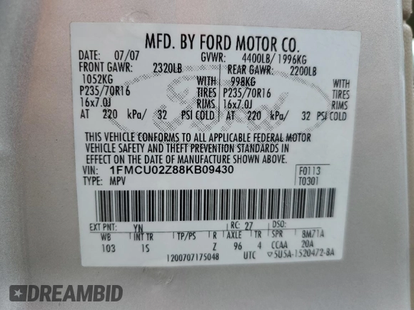2008 Ford Escape XLS z VIN 1FMCU02Z88KB09430, wystawiony jako Copart lot #58158645 z przebiegiem 216 763 mil mil oraz Czysty tytuł • Clean title. Historia ofert i sprzedaży dostępna na DreamBid. Obrazek 13.