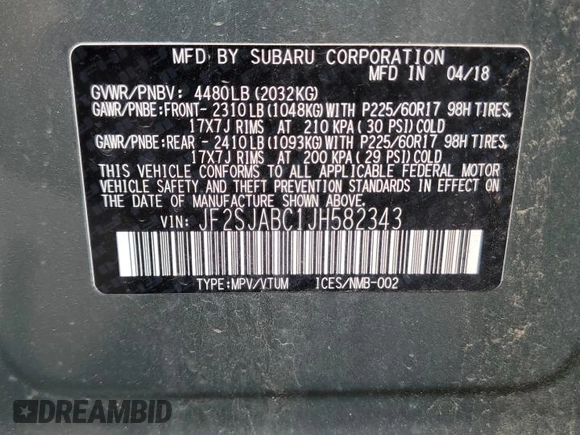 2018 Subaru Forester with VIN JF2SJABC1JH582343, listed as a Copart auction lot 61181195 with 82,904 mi miles and Salvage title. Bid and sale history available at DreamBid. Image 13.