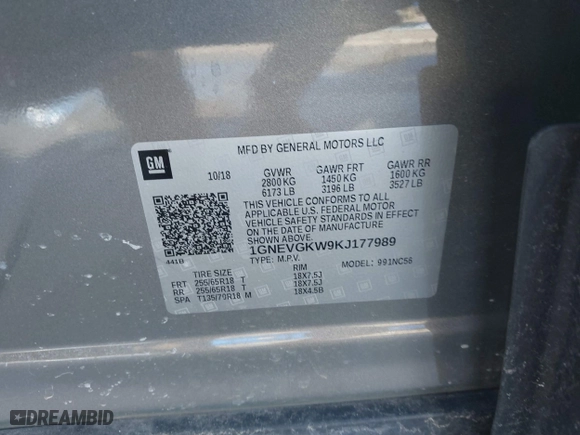 2019 Chevrolet Traverse LT Cloth with VIN 1GNEVGKW9KJ177989, listed as a IAAI auction lot 41877639 with 81,277 mi miles. Bid and sale history available at carsss.com. Image 9.