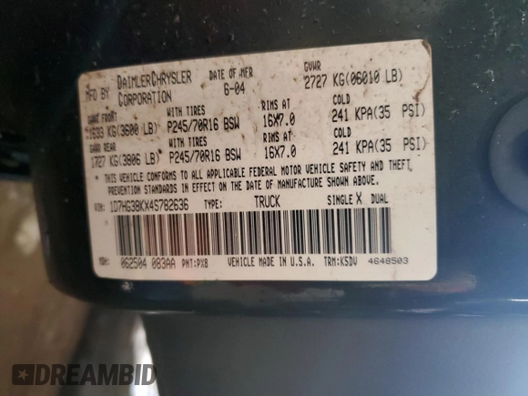 2004 Dodge Dakota Sport z VIN 1D7HG38KX4S782636, wystawiony jako Copart lot #88805195 z przebiegiem 151 620 mil mil oraz Szkoda całkowita • Salvage title. Historia ofert i sprzedaży dostępna na DreamBid. Obrazek 12.