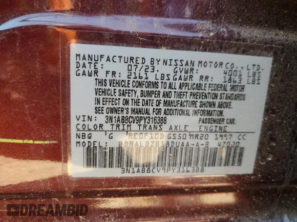 2023 Nissan Sentra SV z VIN 3N1AB8CV9PY316388, wystawiony jako Copart lot #50503465 z przebiegiem 29 697 mil mil oraz Szkoda całkowita • Salvage title. Historia ofert i sprzedaży dostępna na DreamBid. Obrazek 12.