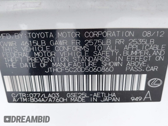 2013 Lexus IS 250 with VIN JTHCF5C20D5060860, listed as a IAAI auction lot 42408760 with Not provided miles and . Bid and sale history available at DreamBid. Image 9.