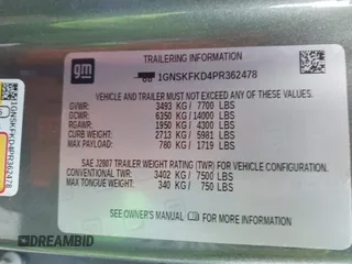 2023 Chevrolet Suburban Premier with VIN 1GNSKFKD4PR362478, listed as a IAAI auction lot 42824056 with Not provided miles and . Bid and sale history available at DreamBid. Image 9.