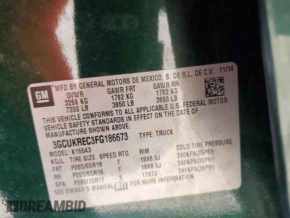 2015 Chevrolet Silverado 1500 LT with VIN 3GCUKREC3FG186673, listed as a Copart auction lot 72437844 with Not Provided miles and Salvage Title. Bid and sale history available at DreamBid. Image 13.