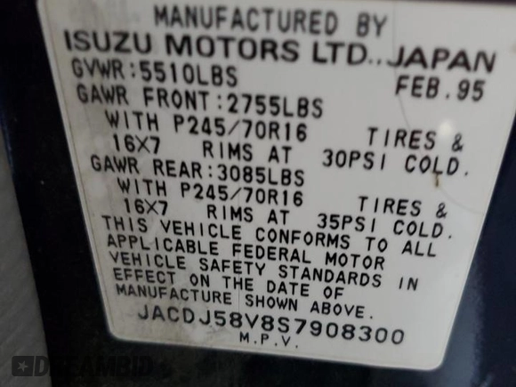 1995 Isuzu Trooper z VIN JACDJ58V8S7908300, wystawiony jako Copart lot #46450195 z przebiegiem 256 256 mil mil oraz Czysty tytuł • Clean title. Historia ofert i sprzedaży dostępna na DreamBid. Obrazek 12.