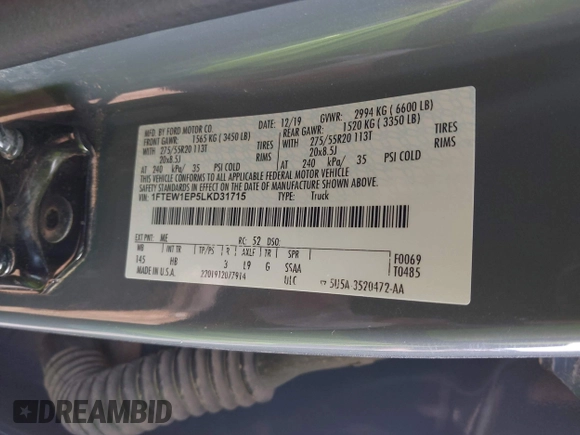 2020 Ford F-150 XL z VIN 1FTEW1EP5LKD31715, wystawiony jako IAAI lot #42326958 z przebiegiem 62 390 mil mil oraz . Historia ofert i sprzedaży dostępna na DreamBid. Obrazek 9.