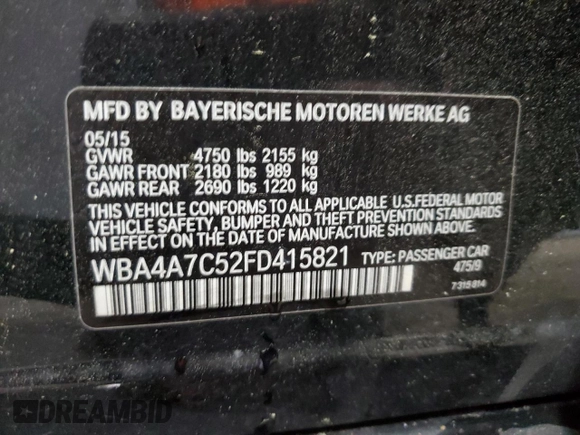 2015 BMW 4 Series 428i xDrive with VIN WBA4A7C52FD415821, listed as a Copart auction lot 51622295 with 63,918 mi miles and Salvage title. Bid and sale history available at DreamBid. Image 12.