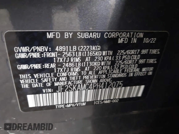 2023 Subaru Forester Wilderness with VIN JF2SKAMC4PH412075, listed as a IAAI auction lot 41885690 with 29,935 mi miles and . Bid and sale history available at DreamBid. Image 9.