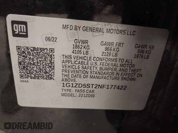 2022 Chevrolet Malibu LT with VIN 1G1ZD5ST2NF177422, listed as a IAAI auction lot 42084474 with 52,667 mi miles and . Bid and sale history available at DreamBid. Image 9.