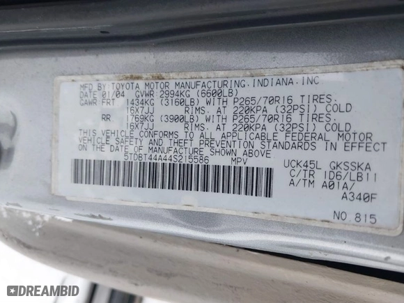 2004 Toyota Sequoia SR5 with VIN 5TDBT44A44S215586, listed as a IAAI auction lot 41246080 with 155,528 mi miles. Bid and sale history available at carsss.com. Image 9.