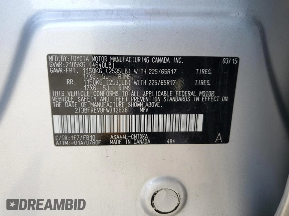 2015 Toyota RAV4 LE with VIN 2T3BFREV8FW312636, listed as a Copart auction lot 52782335 with 86,565 mi miles and Salvage Title. Bid and sale history available at DreamBid. Image 14.