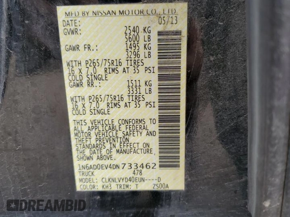 2013 Nissan Frontier SV with VIN 1N6AD0EV4DN733462, listed as a Copart auction lot 60157845 with 160,265 mi miles and Salvage title. Bid and sale history available at DreamBid. Image 12.