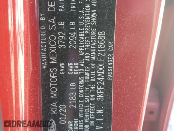 2020 Kia Forte LXS with VIN 3KPF24AD0LE218688, listed as a Copart auction lot 50359015 with 52,232 mi miles and Salvage Title. Bid and sale history available at carsss.com. Image 12.
