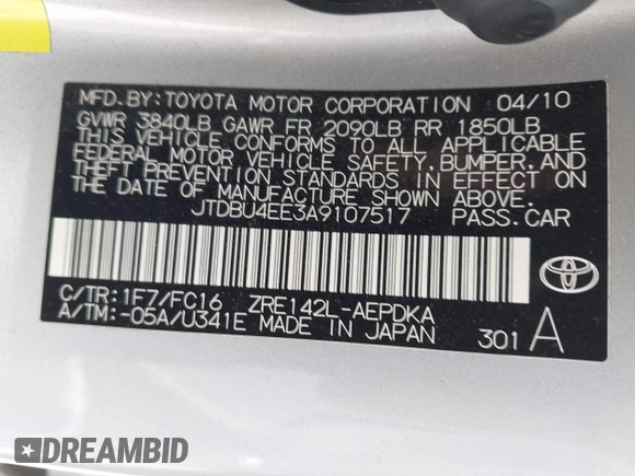 2010 Toyota Corolla with VIN JTDBU4EE3A9107517, listed as a IAAI auction lot 42581586 with 194,310 mi miles and . Bid and sale history available at DreamBid. Image 9.