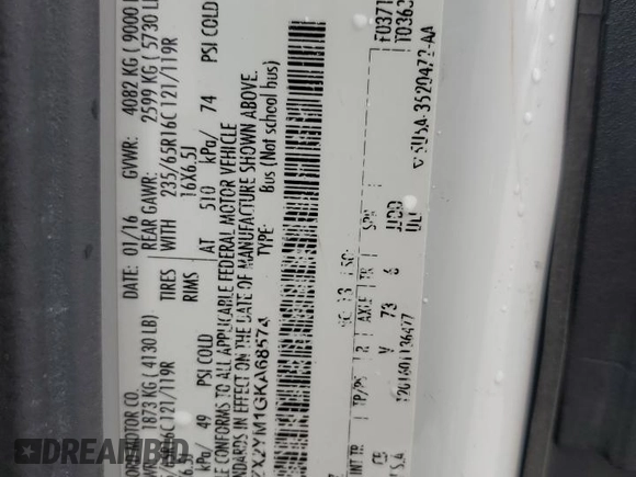 2016 Ford Transit XL с VIN 1FBZX2YM1GKA68574, выставлен на аукционе Copart как лот 55912905 с пробегом 157 769 миль миль и Списание • Salvage title. История ставок и продаж доступна на DreamBid. Изображение 13.