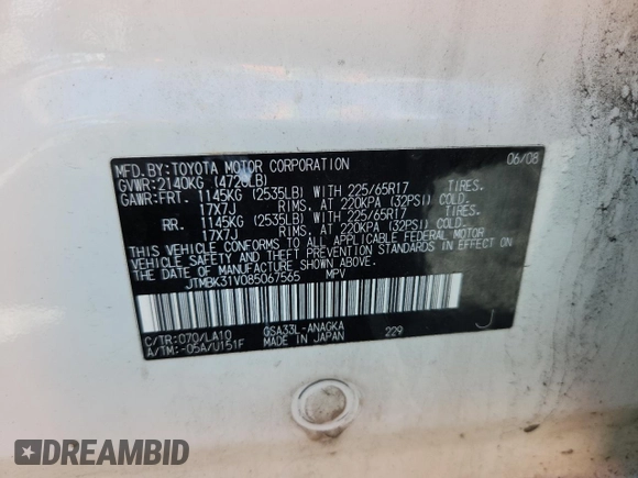 2008 Toyota RAV4 Limited с VIN JTMBK31V085067565, выставлен на аукционе Copart как лот 61013005 с пробегом 183 591 миль миль и Чистый • Clean title. История ставок и продаж доступна на DreamBid. Изображение 12.