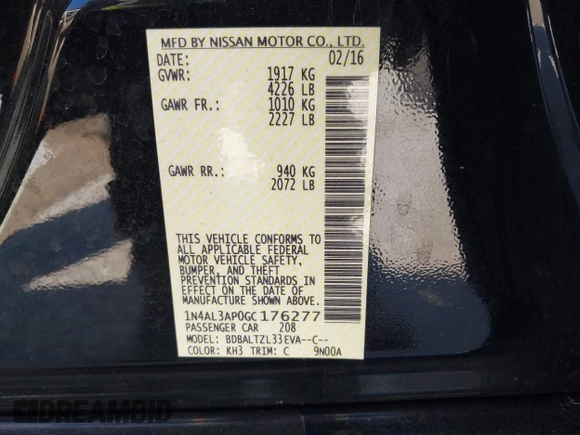 2016 Nissan Altima SR with VIN 1N4AL3AP0GC176277, listed as a IAAI auction lot 42022062 with 162,046 mi miles and . Bid and sale history available at carsss.com. Image 9.