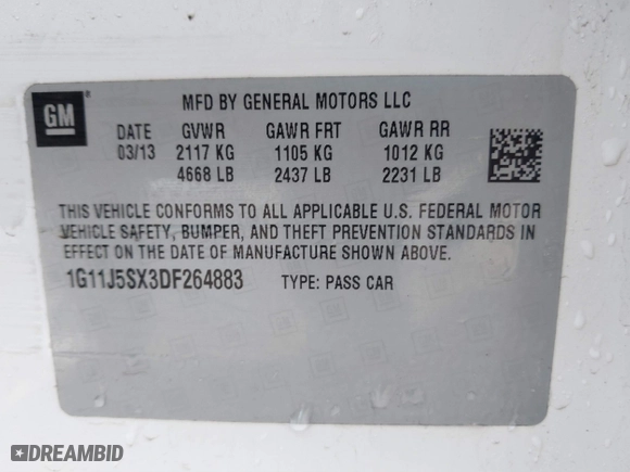 2013 Chevrolet Malibu LTZ with VIN 1G11J5SX3DF264883, listed as a IAAI auction lot 41636700 with 166,412 mi miles. Bid and sale history available at carsss.com. Image 9.