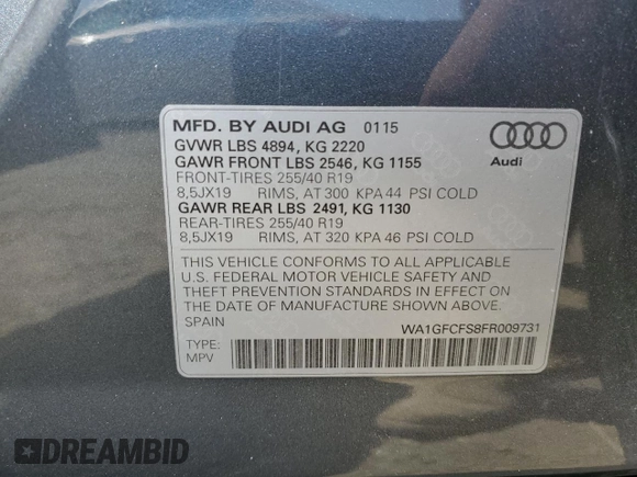 2015 Audi Q3 Prestige with VIN WA1GFCFS8FR009731, listed as a Copart auction lot 59897225 with 84,138 mi miles and Salvage title. Bid and sale history available at DreamBid. Image 13.