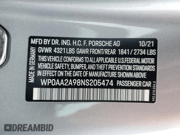 2022 Porsche 911 Carrera with VIN WP0AA2A98NS205474, listed as a Copart auction lot 40023494 with 9,889 mi miles. Bid and sale history available at carsss.com. Image 14.