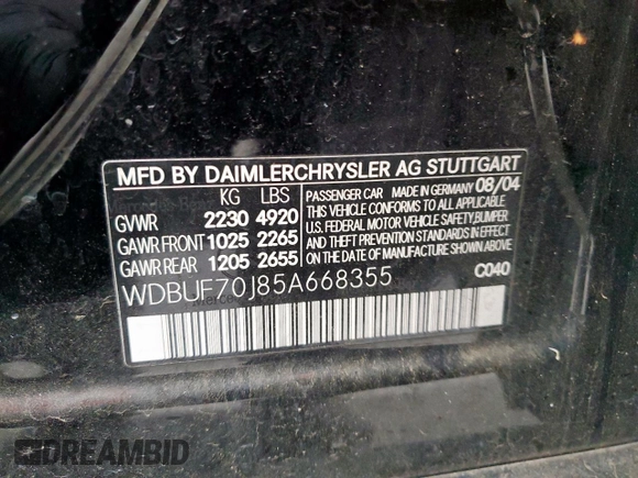 2005 Mercedes-Benz E 5.0L with VIN WDBUF70J85A668355, listed as a Copart auction lot 51750505 with 119,239 mi miles and Salvage Title. Bid and sale history available at carsss.com. Image 12.